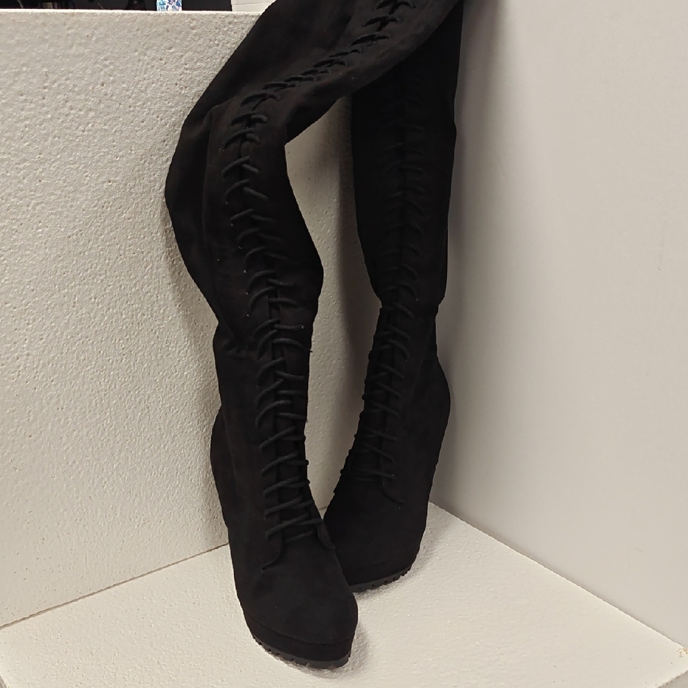 Shoe Dazzle Remi Elegant Black Thigh High Lace-Up Women's Boots